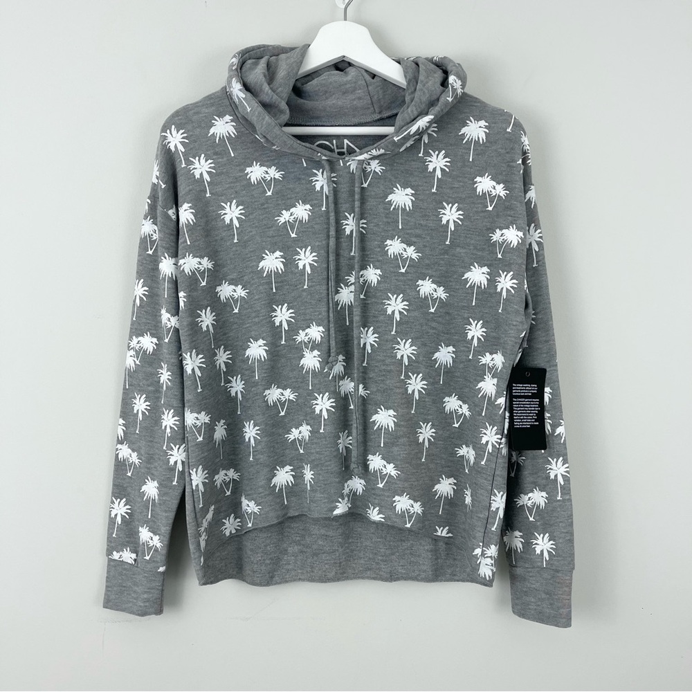 Chaser Cropped Hoodie Sweatshirt Palm Tree Print Gray and White